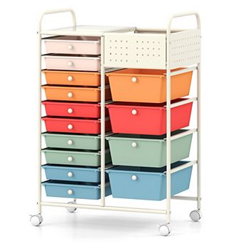 Costway 14-Drawer Art & Craft Storage Carts with Pegboard, 2 Locking Brakes, Metal Frame for Home