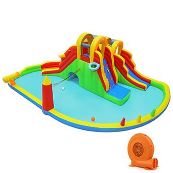 Costway Inflatable Water Slide Park with 2 Long Slides, Climbing Walls, Splash Pool w/750W Blower