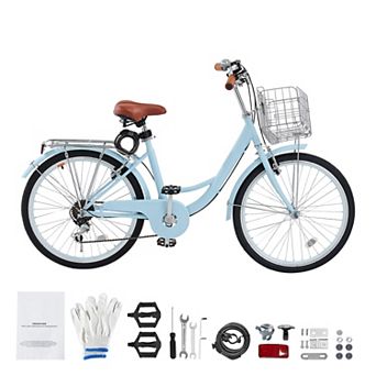 VEVOR Cruiser Bike, 7-Speed, 24-Inch Light Blue Bike with Large Capacity Basket and Rear Rack