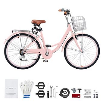 VEVOR Cruiser Bike, 7-Speed, 26 in Pink Beach Cruiser Bike with Large Capacity Basket and Rear Rack