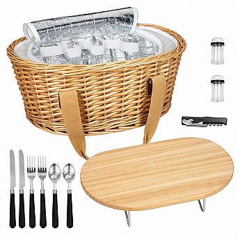 Wicker Picnic Basket Set With Foldable Wine Table Insulated Cooler Bag Cutlery Kits