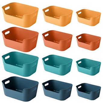 12 Pack Mixed Color Plastic Storage Baskets Stackable Multi Purpose Organization