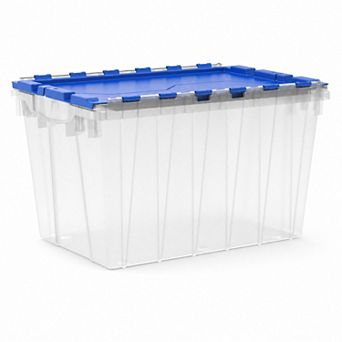 12 Gal Plastic Storage Tote, Attached Lid, Stackable, Clear/Blue 1 pk
