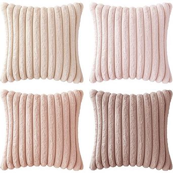 Faux Fur Pillow Covers,Set of 4,Soft Pink Striped Cushion Covers for Sofa & Bed,Inserts not Include