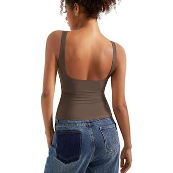 Women Double Lined Built In Bra Boat Neck Tank Top Slim Fit Summer Going Out Top