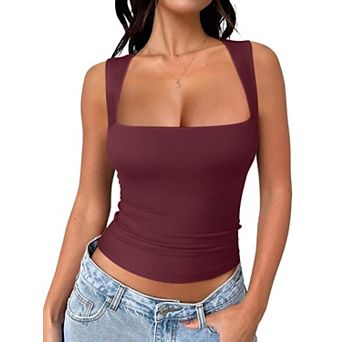 Square Neck Double Lined Cropped Tank Top Summer Going Out Basic Tops