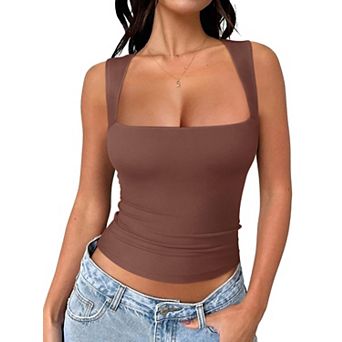 Square Neck Double Lined Cropped Tank Top Summer Going Out Basic Tops