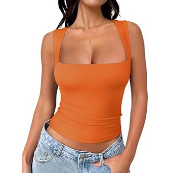 Square Neck Double Lined Cropped Tank Top Summer Going Out Basic Tops