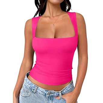 Square Neck Double Lined Cropped Tank Top Summer Going Out Basic Tops