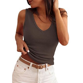 Womens Ribbed Knit V Neck Tank Tops Slim Fitted Sleeveless Summer Casual Tops