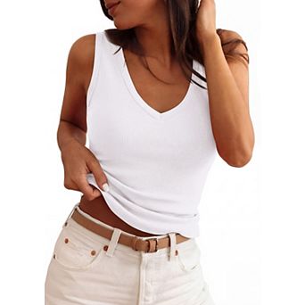 Womens Ribbed Knit V Neck Tank Tops Slim Fitted Sleeveless Summer Casual Tops