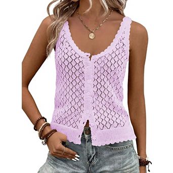 Womens Summer Sleeveless Boho Knit Vest Crochet Button Down Tank Top