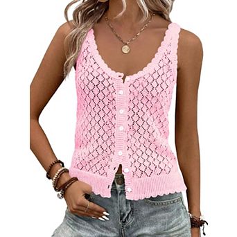 Womens Summer Sleeveless Boho Knit Vest Crochet Button Down Tank Top