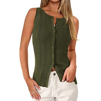 Womens Ribbed Knit Sleeveless Button Down Tank Top Slim Fit Casual Work Top