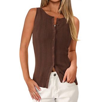 Womens Ribbed Knit Sleeveless Button Down Tank Top Slim Fit Casual Work Top