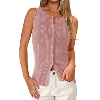 Womens Ribbed Knit Sleeveless Button Down Tank Top Slim Fit Casual Work Top