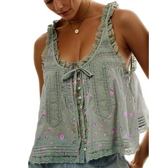 Womens Summer Boho Lace Trim Relaxed Fit Cotton Voile Sleeveless Tank Top