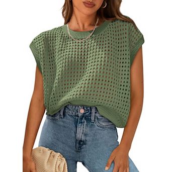 Womens Cotton Cap Sleeve Crew Neck Loose Fit Boho Summer Tops