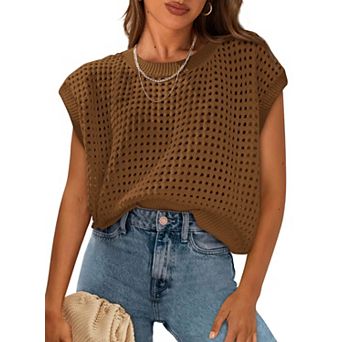 Womens Cotton Cap Sleeve Crew Neck Loose Fit Boho Summer Tops
