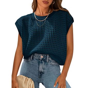 Womens Cotton Cap Sleeve Crew Neck Loose Fit Boho Summer Tops