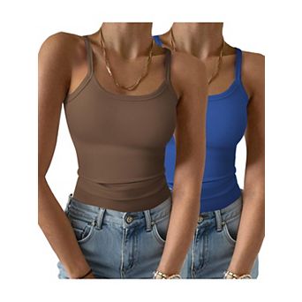 Womens Ribbed Knit Scoop Neck Sleeveless Tank Top Basic Layering Cami