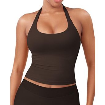 Women's Halter Tank Top Built In Bra Longline Crop Top Workout Gym Wear