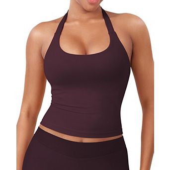 Women's Halter Tank Top Built In Bra Longline Crop Top Workout Gym Wear