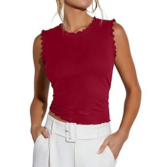 Women Summer Sleeveless Crew Neck Ruffle Ribbed Knit Slim Fit Tank Tops