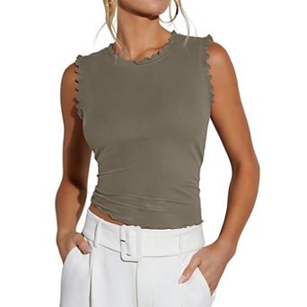 Women Summer Sleeveless Crew Neck Ruffle Ribbed Knit Slim Fit Tank Tops