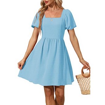 Women Puff Sleeve Square Neck Tie Back Empire Waist Summer Dress