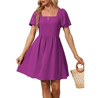 Women Puff Sleeve Square Neck Tie Back Empire Waist Summer Dress