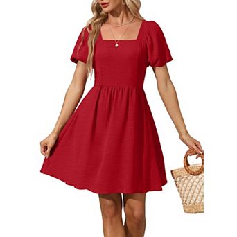 Women Puff Sleeve Square Neck Tie Back Empire Waist Summer Dress
