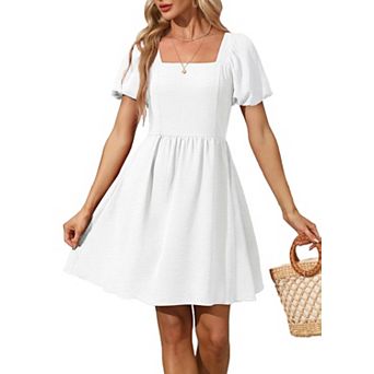 Women Puff Sleeve Square Neck Tie Back Empire Waist Summer Dress