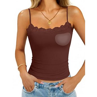 Womens Built In Bra Lace Tank Tops Double Lined Padded Square Neck Cami