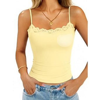 Womens Built In Bra Lace Tank Tops Double Lined Padded Square Neck Cami