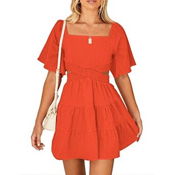 Women Square Neck Short Sleeve Casual Mini Dress Elastic Waist Ruffle Hem Beach Vacation Party Dress