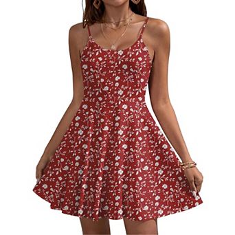 Women's Summer Fit and Flare Mini Dress Adjustable Spaghetti Straps Pockets Beach Sundress