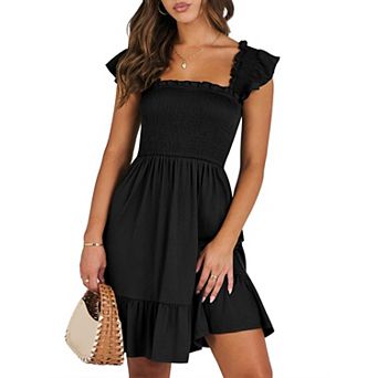 Women's Summer Slim Fit Square Neck Smocked Bodice Short Sundress