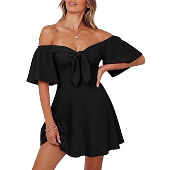 Womens Deep V Neck Bow Tie Mini Dress Short Sleeve Casual Party Wear