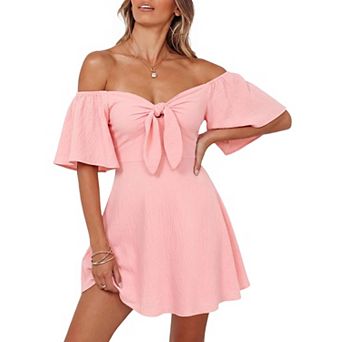 Womens Deep V Neck Bow Tie Mini Dress Short Sleeve Casual Party Wear