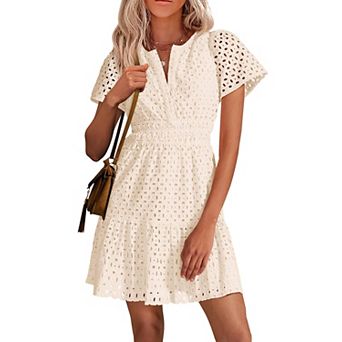 Womens Summer Eyelet Lace Short Dress V Neck Ruffle A Line Casual Party Vacation Outfit