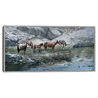 Masterpiece Horses by the Stream Framed Canvas Wall Art