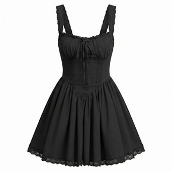 Women Square Neck Lace Spliced A Line Mini Dress Casual Party Wear