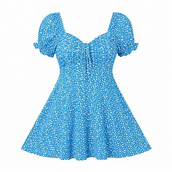 Women's Puff Short Sleeve Drawstring Ruched Fit And Flare Summer Casual Dress