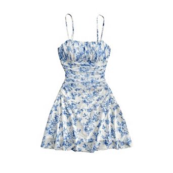 Women's Ruched Mesh Cami Dress Spaghetti Strap Ruffle Hem Boho Mini Dress