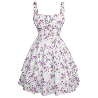 Women Teens Square Neck Smocked Corset Sundress With Pockets Adjustable Straps