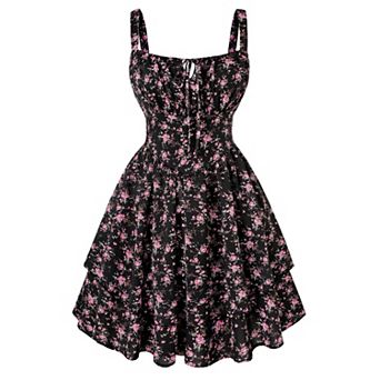Women Teens Square Neck Smocked Corset Sundress With Pockets Adjustable Straps
