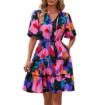 Women Summer Short Sleeve V Neck Boho A Line Mini Casual Party Dress