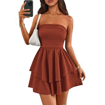Womens Summer Strapless Flowy Mini Dress Smocked A Line Ruffle Short Sundress