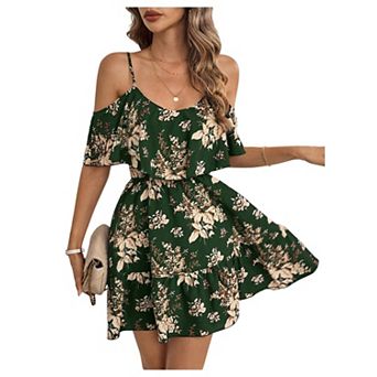 Women's Summer Floral Cold Shoulder Ruffle Boho Vacation Sundress